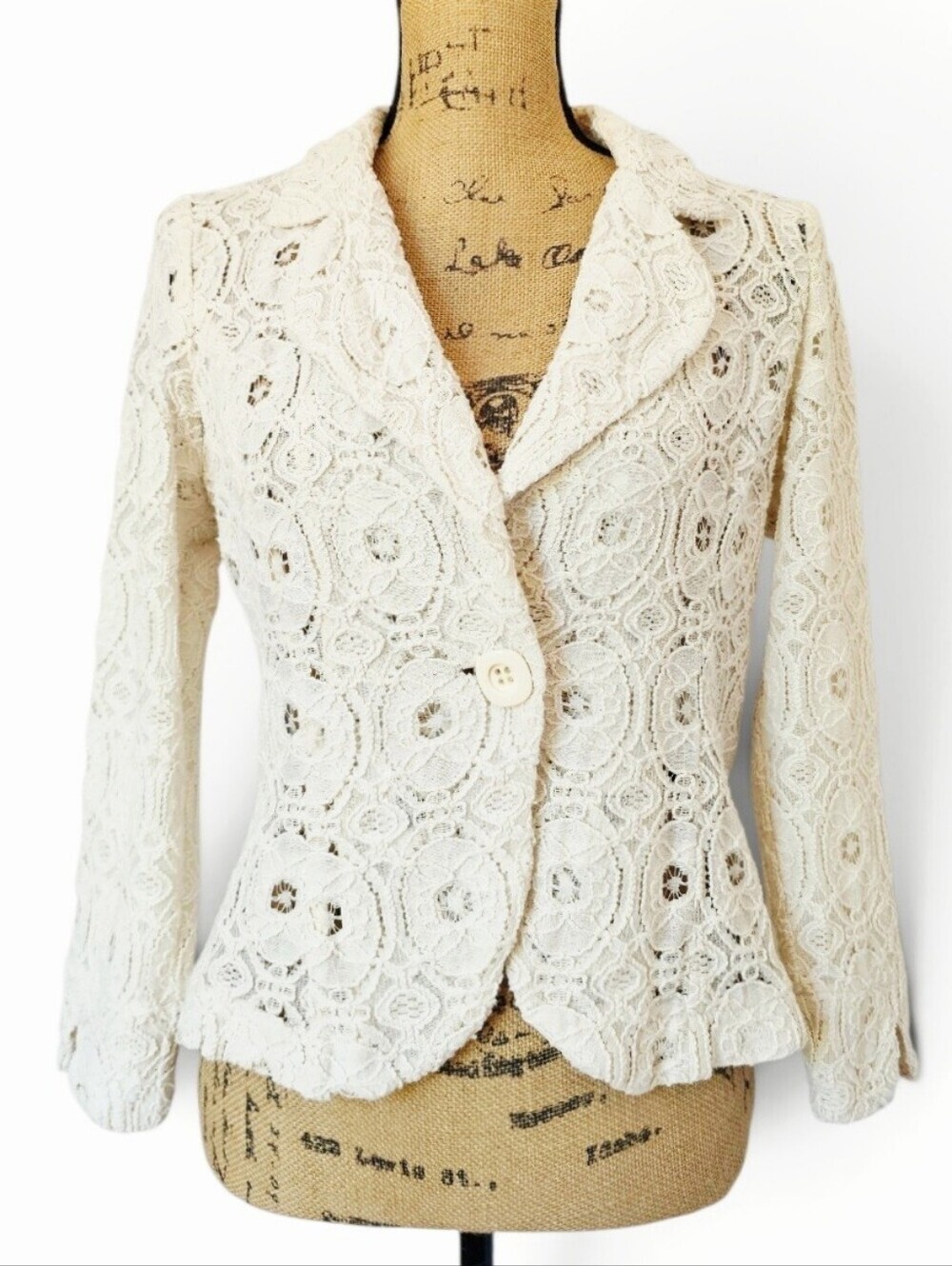 Cynthia Rowley Ivory Floral Lace Single-Button Cottagecore Blazer Jacket, Size M